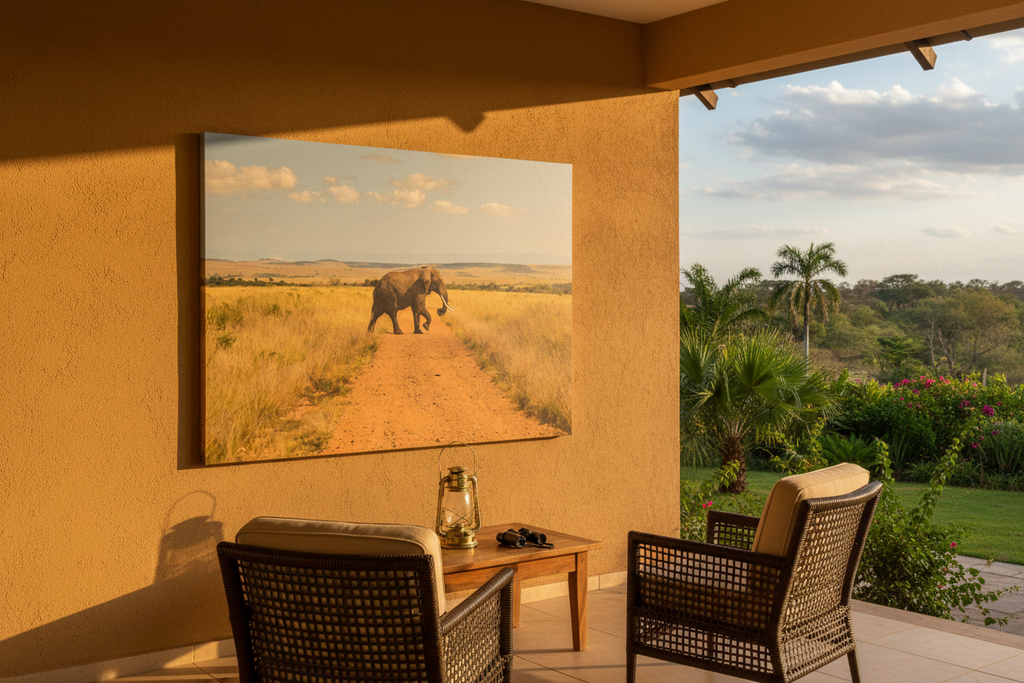 Right of Way — Lone Elephant Crossing fine art print displayed on a luxury safari lodge veranda, ochre wall, rattan chairs, bush view, no frame — Wild East Visuals