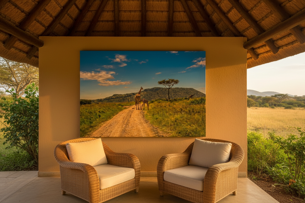 First Steps — Giraffe Mother & Calf fine art print displayed on a luxury safari lodge veranda, ochre wall, rattan chairs, bush view, golden light, no frame — Wild East Visuals
