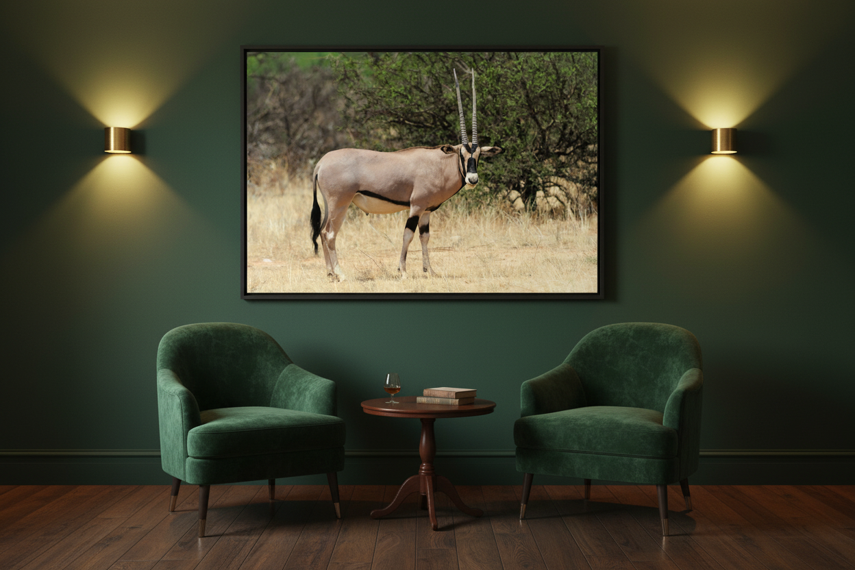 The Oryx — Spear of the Savannah fine art print displayed in a private members club, forest green wall, brass sconces, velvet armchairs, no frame — Wild East Visuals