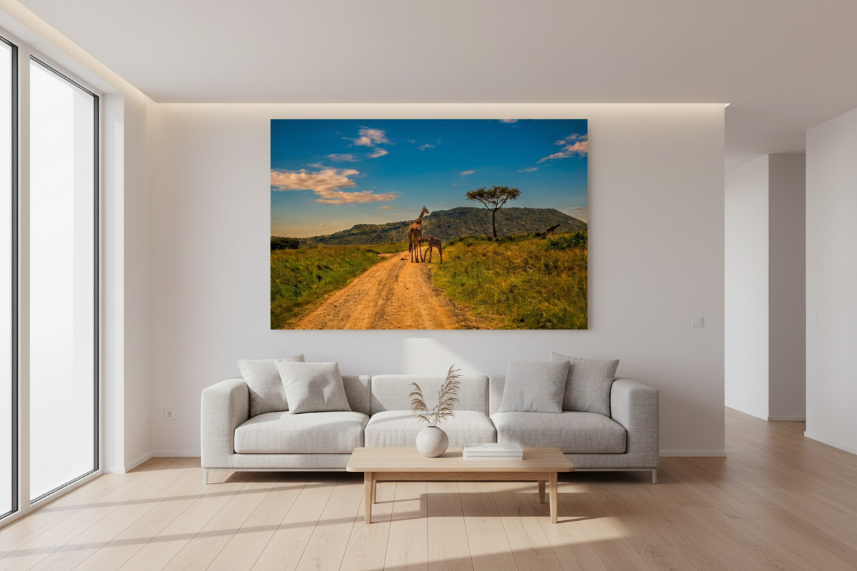 First Steps — Giraffe Mother & Calf fine art print displayed in a bright modern living room, white wall, linen sofa, natural daylight, no frame — Wild East Visuals