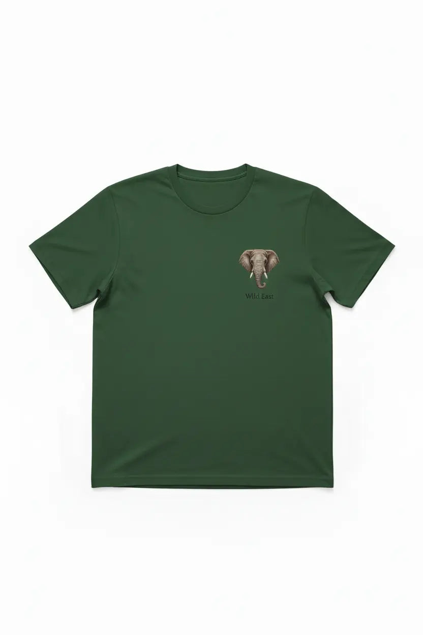 Wild East Olive Tee flat lay — elephant badge on left chest, 100% cotton, handcrafted in Nairobi — Wild East Visuals