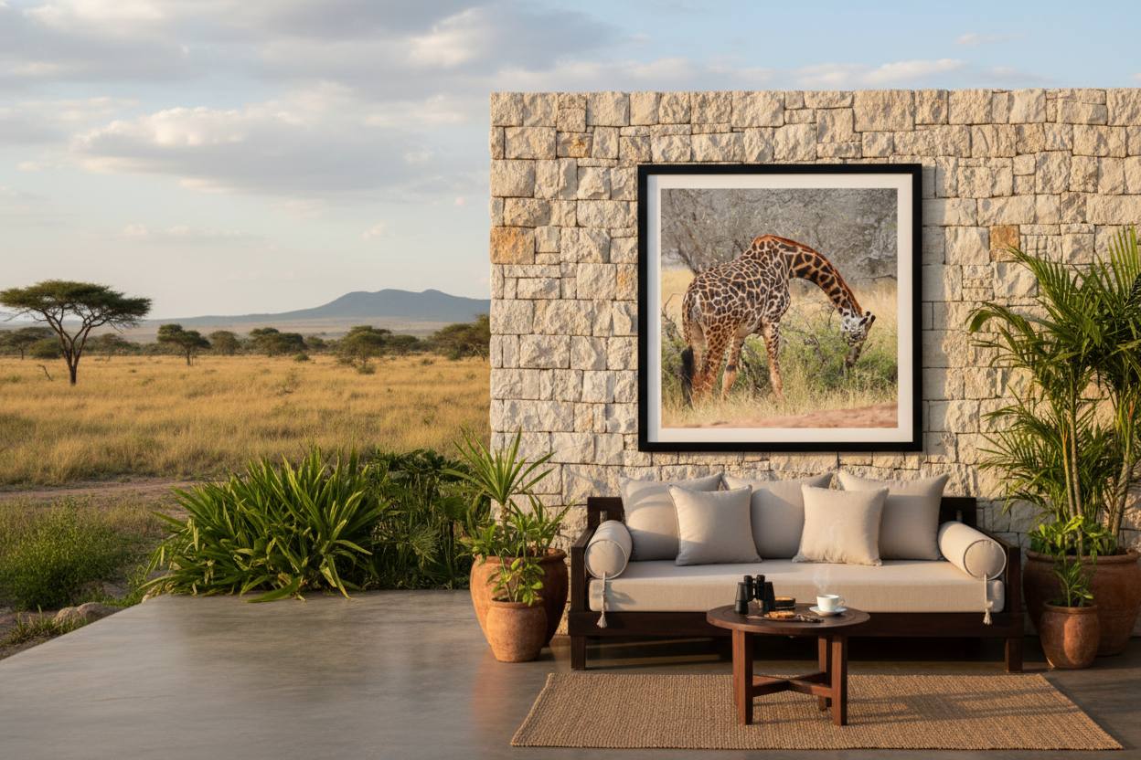 The Bend fine art giclée print displayed on an outdoor luxury safari lodge wall — Masai giraffe wildlife art — Wild East Visuals