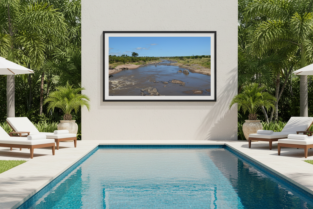 Before the Crossing — Mara River fine art print in black frame displayed beside a luxury poolside setting — Wild East Visuals