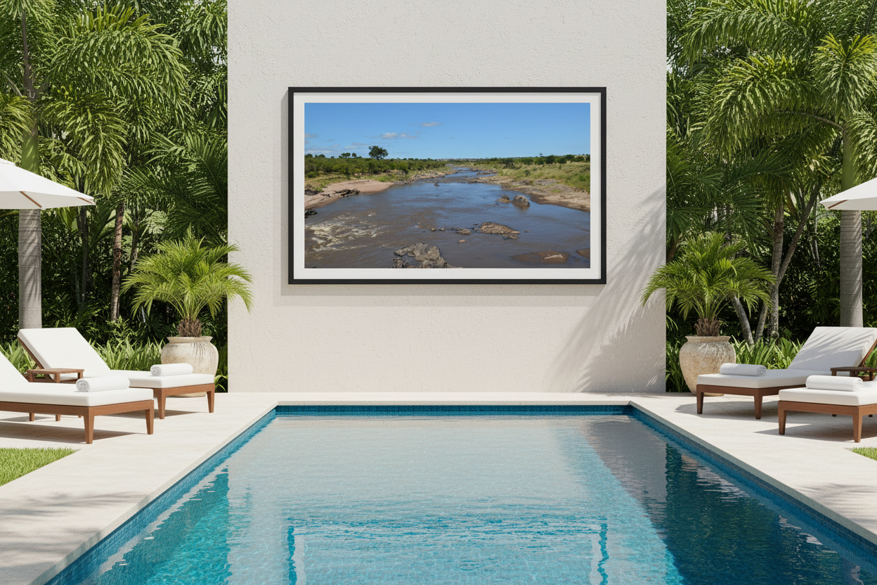 Before the Crossing — Mara River fine art print in black frame displayed beside a luxury poolside setting — Wild East Visuals