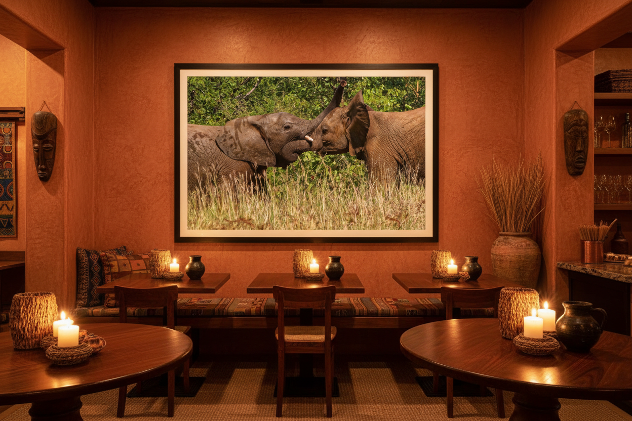 The Tussle — Two Elephants Play-Fighting fine art print displayed in a boutique African restaurant, terracotta wall, candlelight, no frame — Wild East Visuals