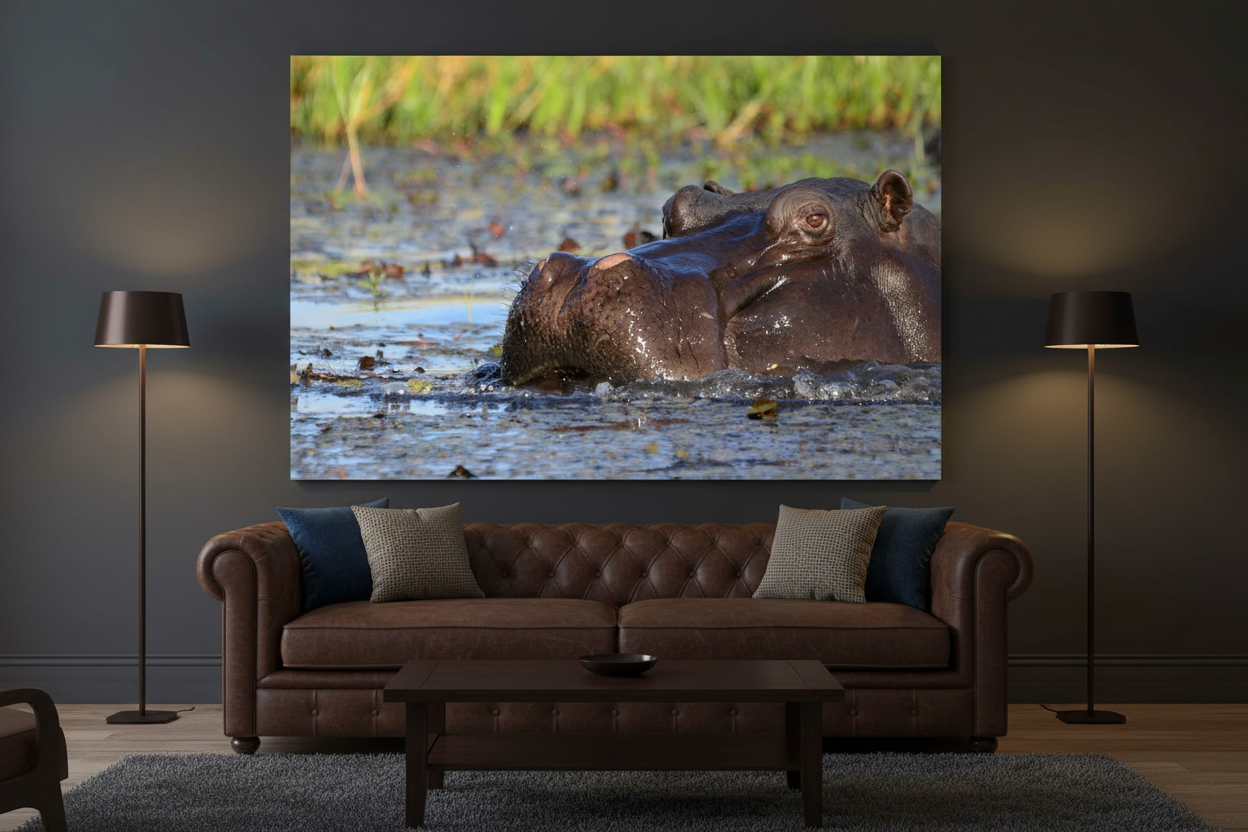 River Sovereign fine art print displayed in a dark moody luxury living room, charcoal wall, leather sofa, warm accent lighting, no frame — Wild East Visuals