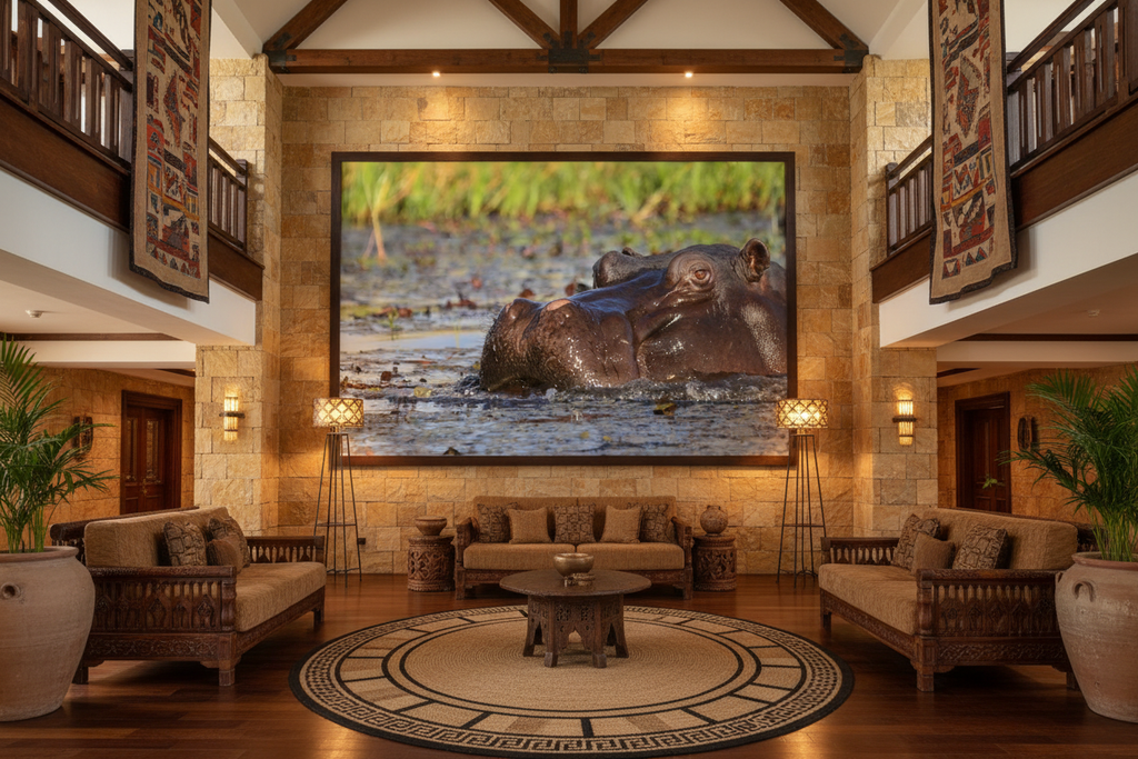River Sovereign fine art print displayed in a grand luxury hotel lobby, warm stone walls, high ceilings, African-inspired decor, no frame — Wild East Visuals