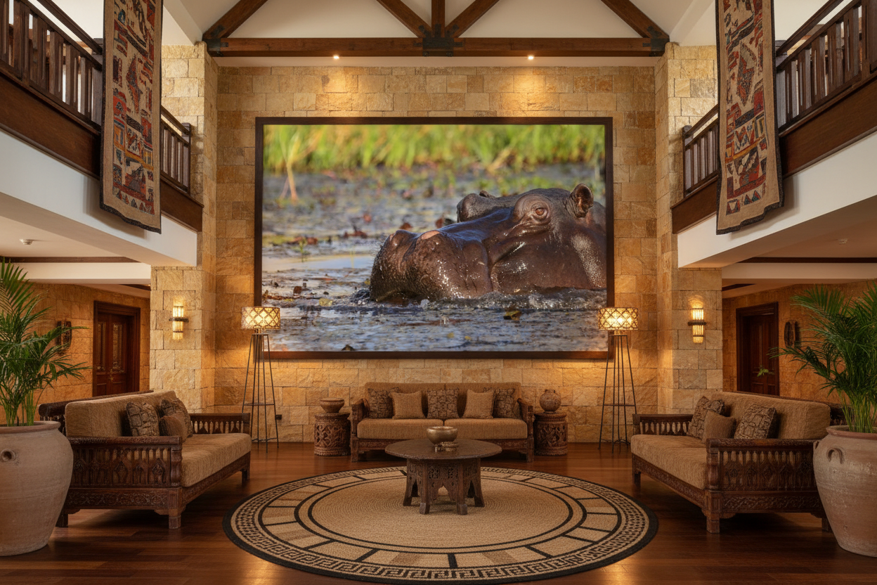River Sovereign fine art print displayed in a grand luxury hotel lobby, warm stone walls, high ceilings, African-inspired decor, no frame — Wild East Visuals