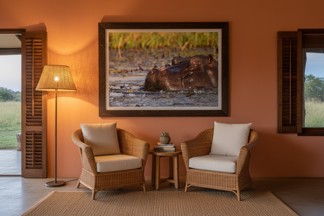 River Sovereign fine art print displayed in a luxury safari lodge lounge, terracotta wall, rattan chairs, sisal rug, warm lamp light, no frame — Wild East Visuals