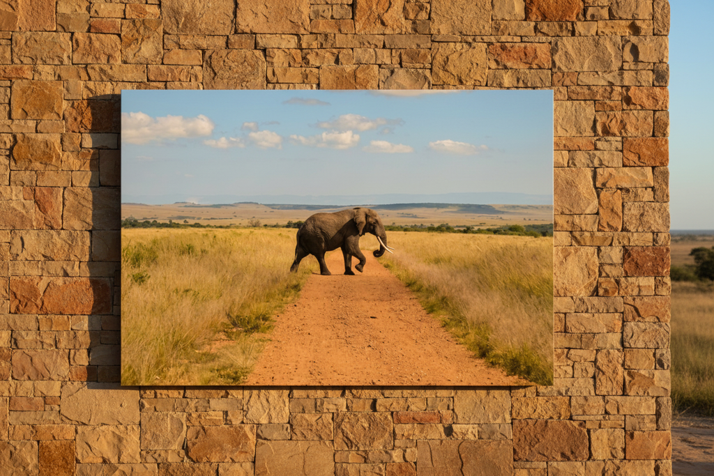 Right of Way — Lone Elephant Crossing fine art print displayed on an outdoor safari camp wall, stone exterior, open bush landscape, golden light, no frame — Wild East Visuals