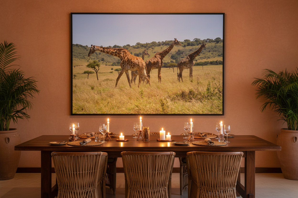 Giants of the Mara — Giraffe Herd fine art print displayed in a luxury safari lodge dining room, terracotta wall, candlelight, no frame — Wild East Visuals