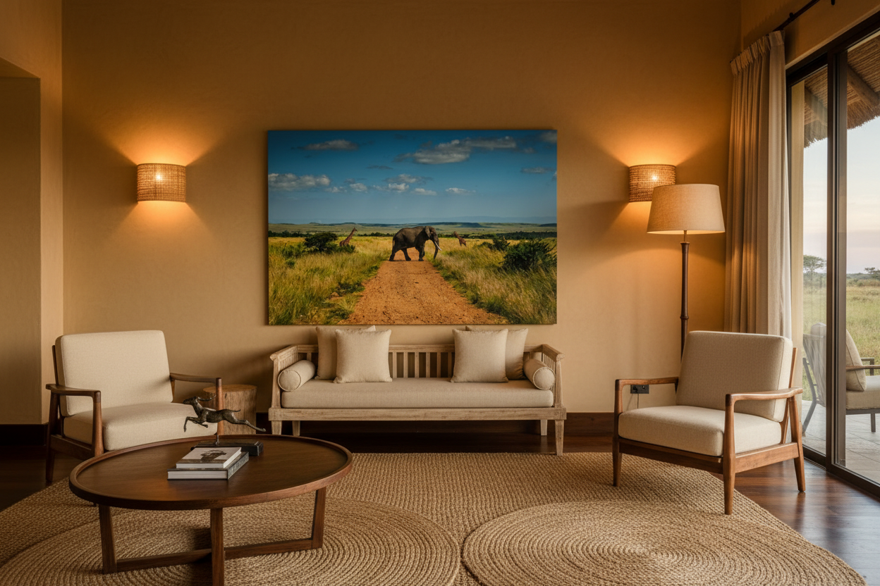 The Crossing of Giants — Elephant & Giraffes fine art print displayed in a luxury safari lodge lounge, ochre wall, natural wood and sisal, no frame — Wild East Visuals