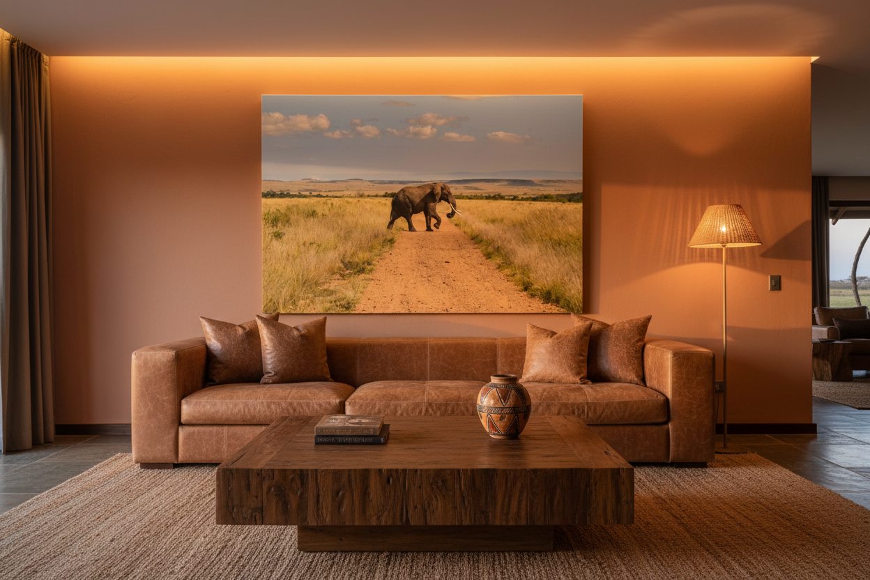 Right of Way — Lone Elephant Crossing fine art print displayed in a luxury safari lodge living room, terracotta wall, leather sofa, warm lighting, no frame — Wild East Visuals