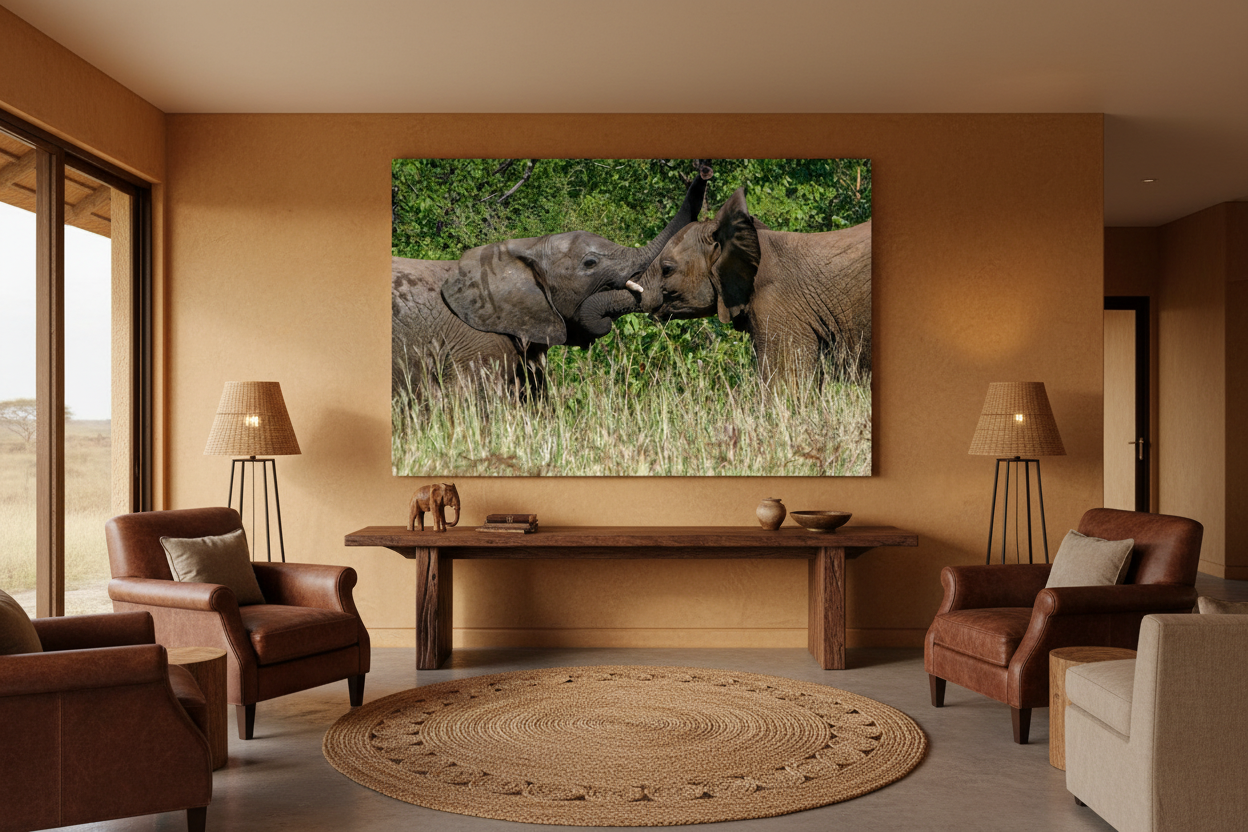 The Tussle — Two Elephants Play-Fighting fine art print displayed in a luxury safari lodge lounge, ochre wall, natural wood and sisal, no frame — Wild East Visuals