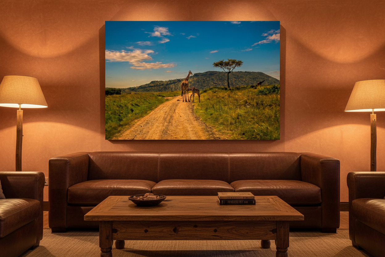 First Steps — Giraffe Mother & Calf fine art print displayed in a luxury safari lodge living room, terracotta wall, leather sofa, warm lighting, no frame — Wild East Visuals