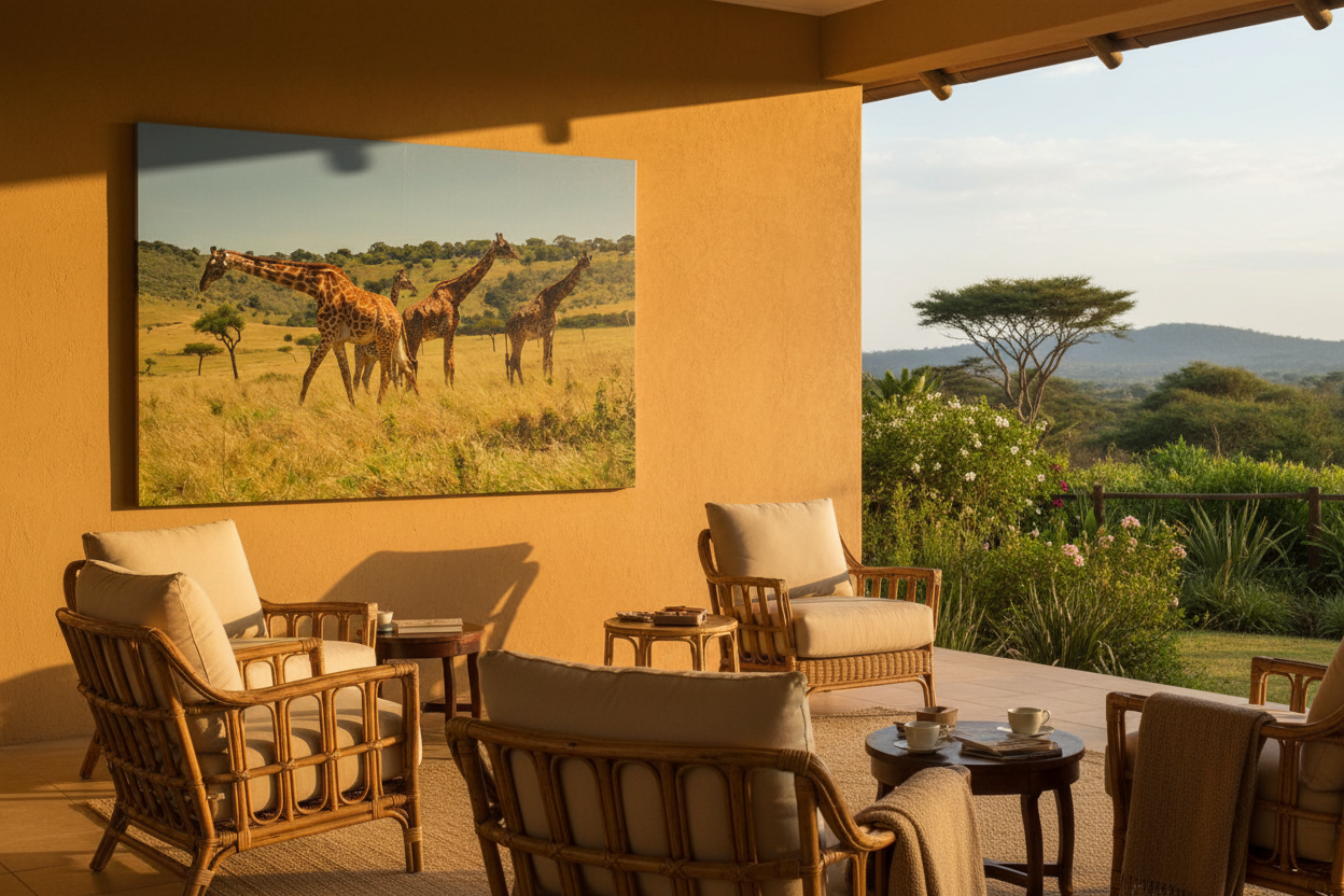 Giants of the Mara — Giraffe Herd fine art print displayed on a luxury safari veranda, ochre wall, rattan lounge chairs, garden view, no frame — Wild East Visuals
