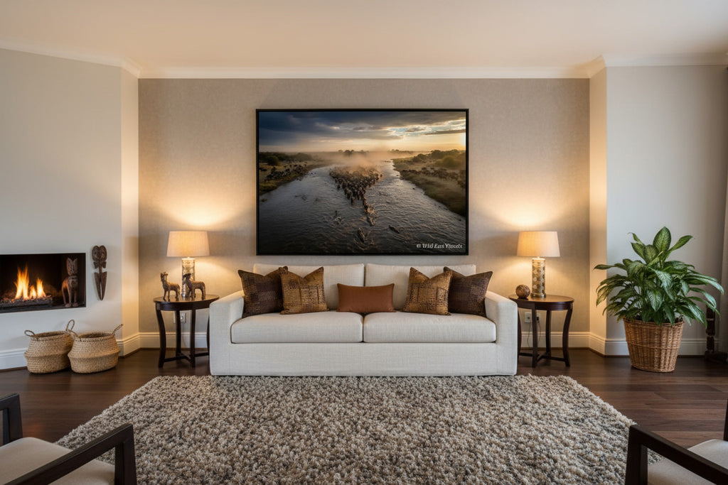 The Crossing — Dust & Thunder fine art giclée print displayed in a spacious luxury sitting lounge — Great Wildebeest Migration wildlife wall art — Wild East Visuals