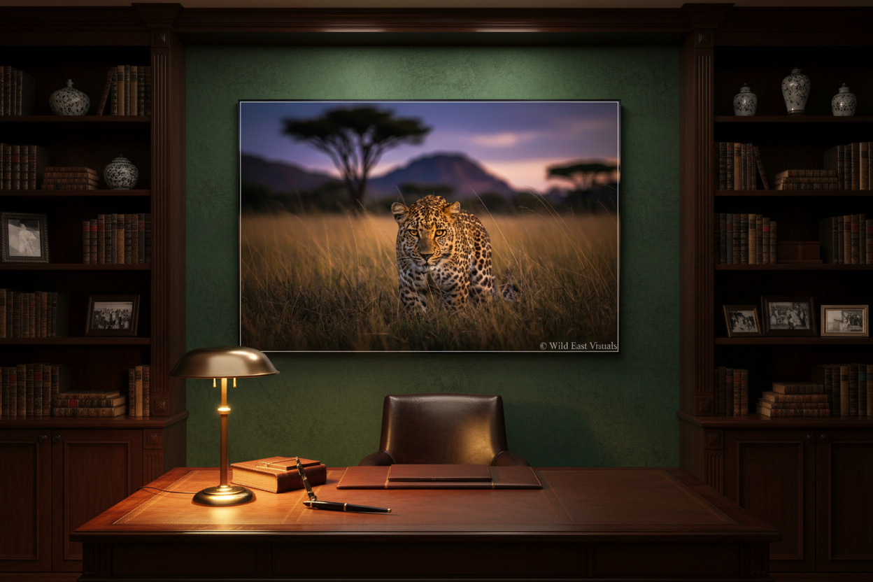 Dusk Stalker — Leopard fine art print displayed in a luxury home office study, forest green wall, no frame — Wild East Visuals