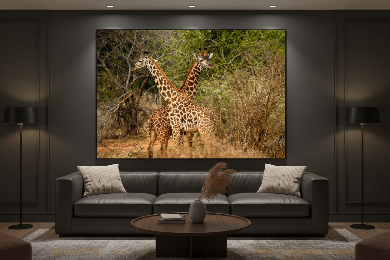 The Crossing — Two Giraffes fine art print displayed in a dark luxury living room, charcoal wall, leather sofa, warm accent lighting, no frame — Wild East Visuals
