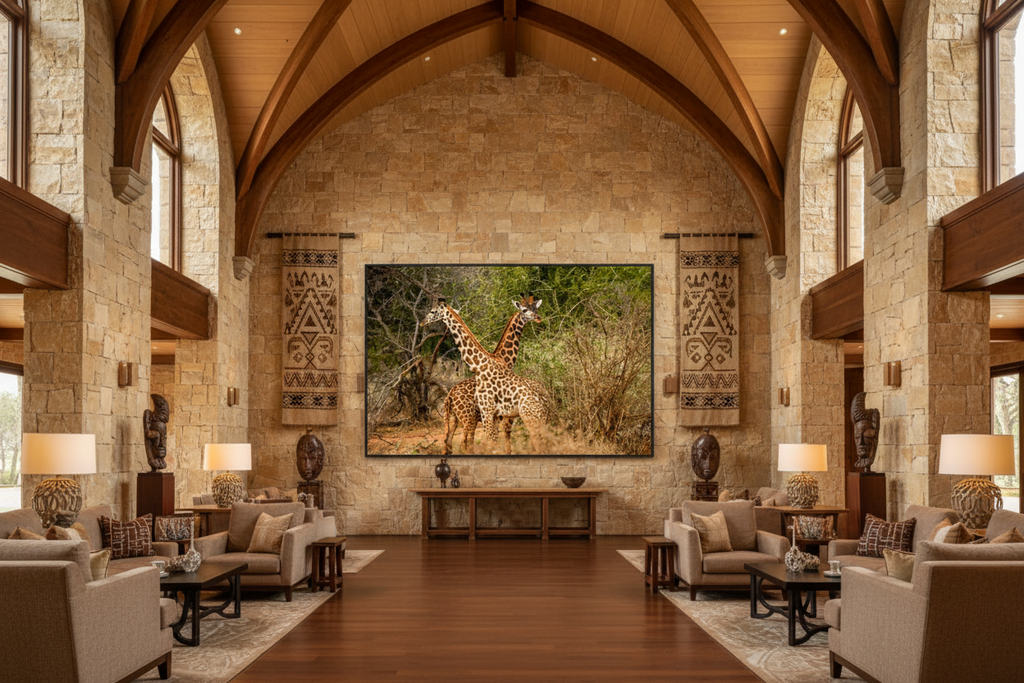 The Crossing — Two Giraffes fine art print displayed in a grand luxury hotel lobby, warm stone walls, high ceilings, African-inspired decor, no frame — Wild East Visuals