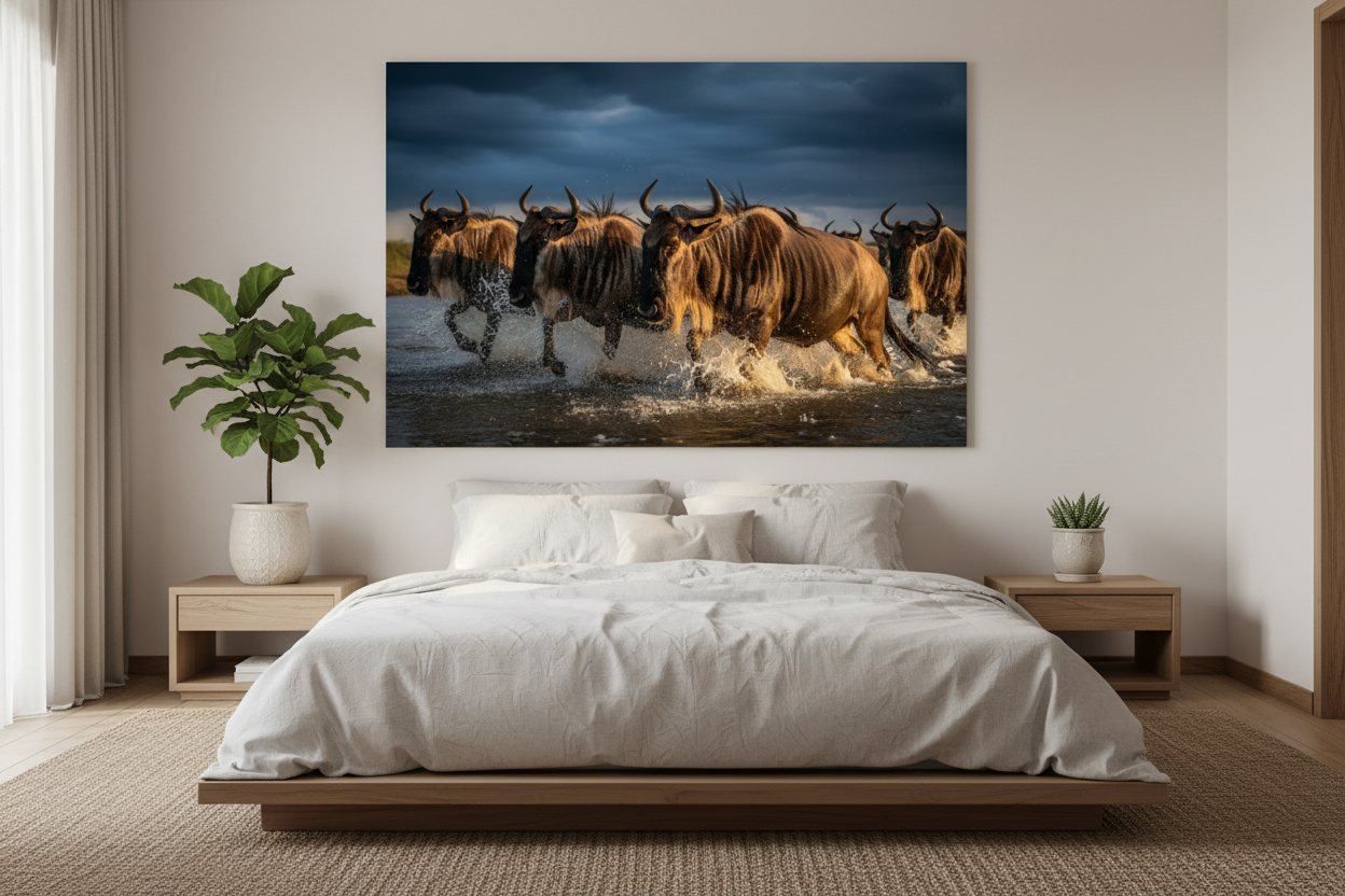 The Crossing — Wildebeest fine art print displayed in a luxury bedroom, warm white wall, no frame — Wild East Visuals