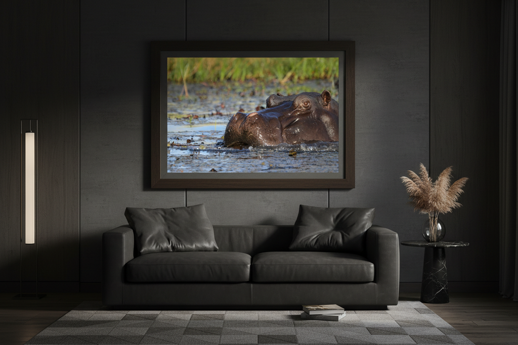 The Sovereign — Hippo Rising, limited edition fine art wildlife print framed in a dark luxury living room with leather sofa and moody accent lighting — Wild East Visuals