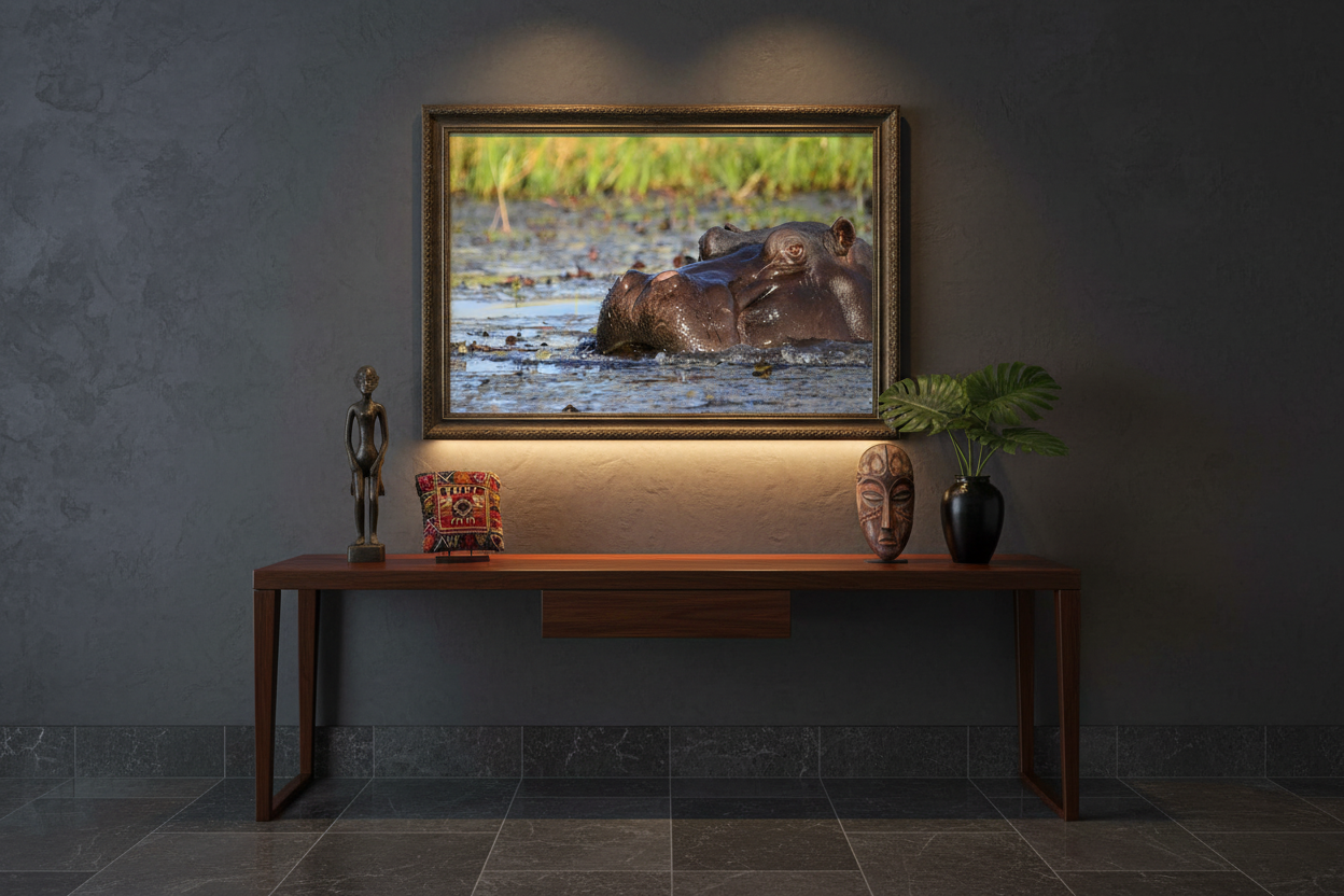 The Sovereign — Hippo Rising, limited edition fine art wildlife print displayed above a dark wood console table in a sophisticated gallery-style hallway — Wild East Visuals