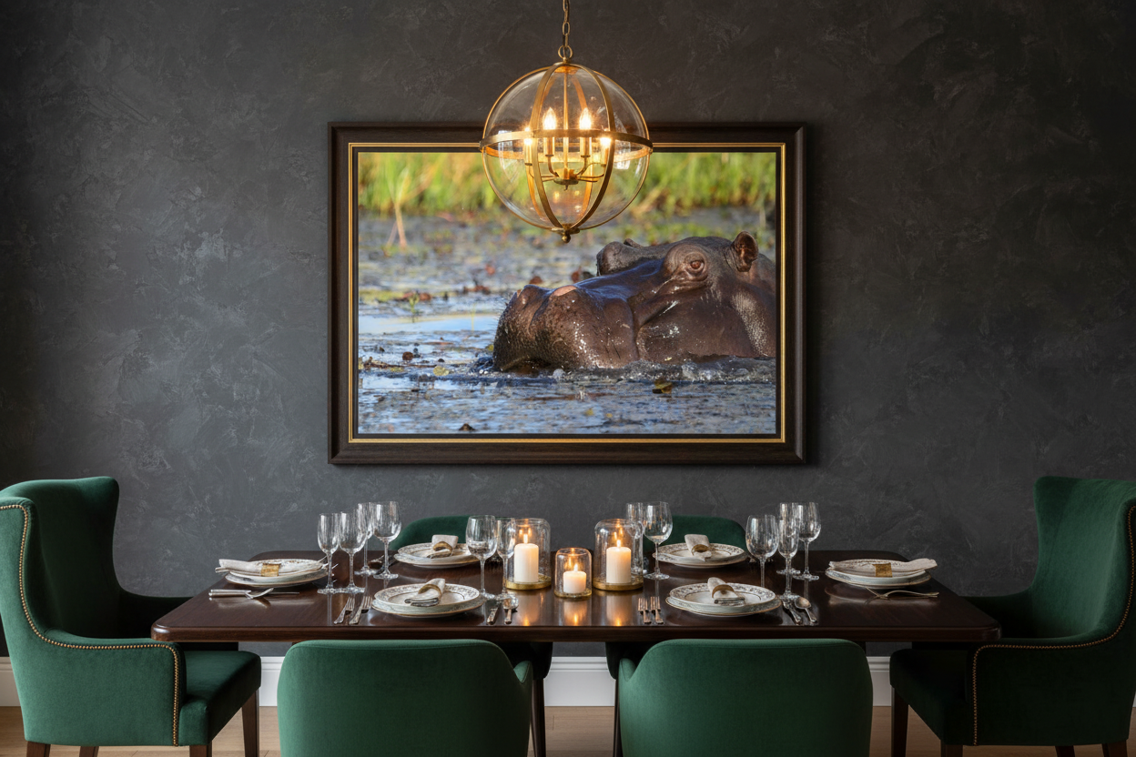 The Sovereign — Hippo Rising, limited edition fine art wildlife print commanding the wall of an elegant dining room with chandelier, velvet chairs and candlelit table setting — Wild East Visuals