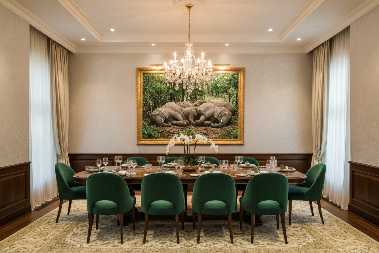 The Uninvited Guests — elephant herd fine art print displayed in a dining room setting — Wild East Visuals