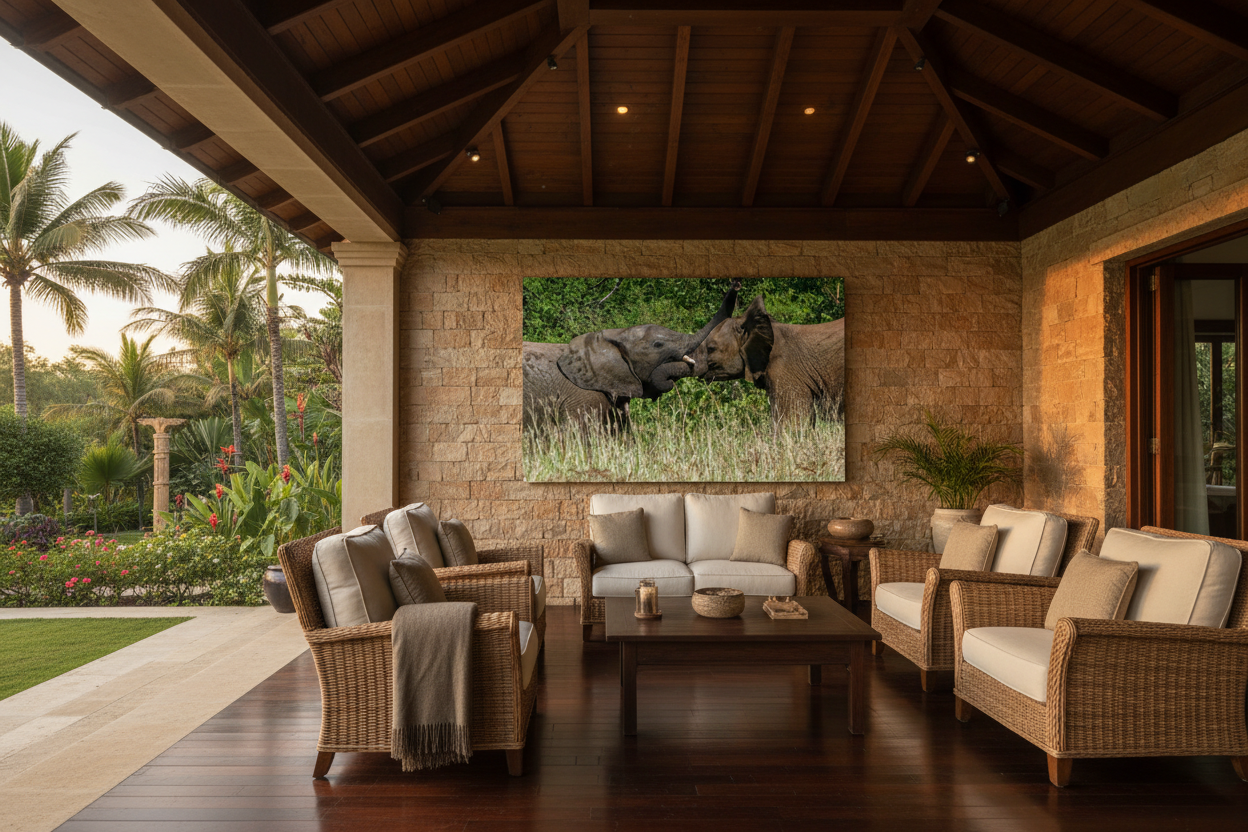 The Tussle — Two Elephants Play-Fighting fine art print displayed on a covered outdoor veranda, warm stone wall, rattan chairs, no frame — Wild East Visuals