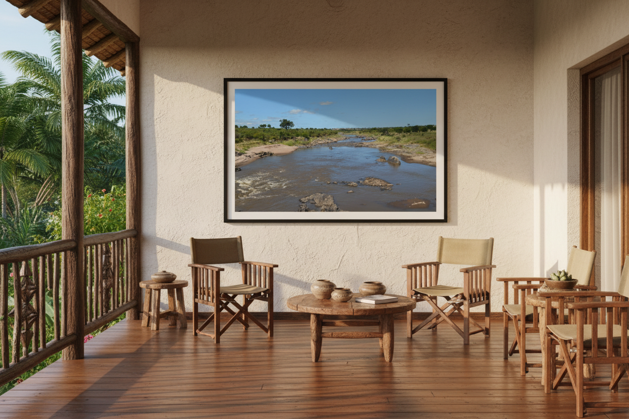 Before the Crossing — Mara River fine art print in black frame on an African-style veranda with warm afternoon light — Wild East Visuals