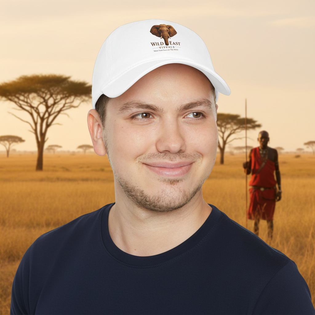 White Wild East Visuals dad cap worn by a man in a navy tee, Maasai moran warrior with spear standing in the golden savannah background, acacia trees — Wild East Visual
