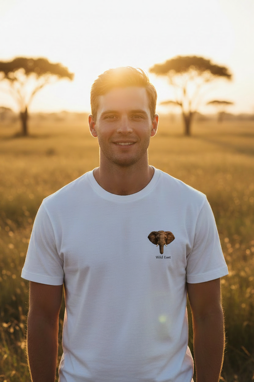 A man stands on the golden African savannah at sunset wearing the Wild East White Tee — acacia trees silhouetted behind him. Wear the Wild. Wild East Visuals.